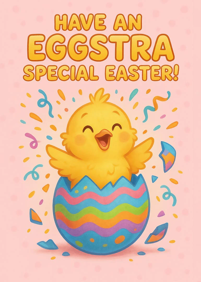Smiling chick hatching from a decorated egg beneath Eggstra Special Easter text on pink background.