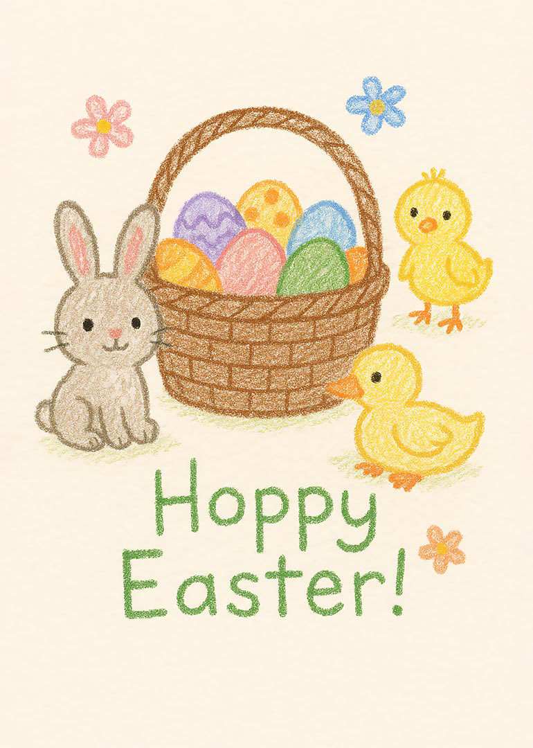 Easter card with bunny, chicks, basket of colorful eggs and flowers