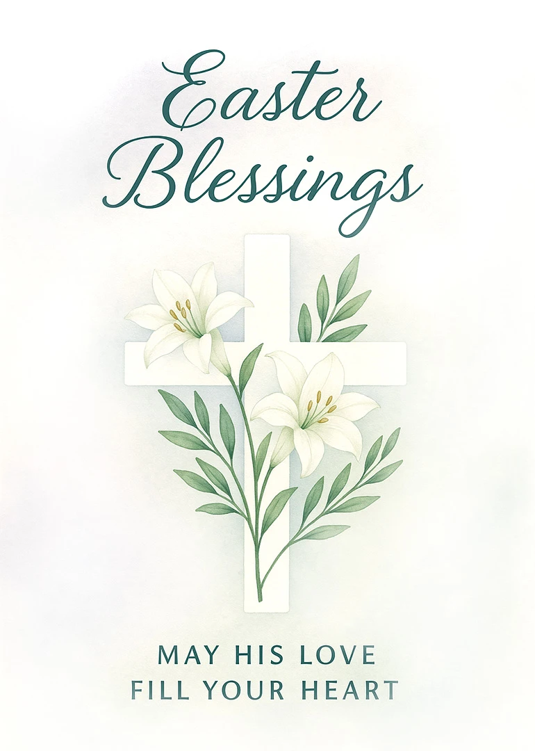 Watercolor card with lilies and leaves around a cross, reading Easter Blessings in teal script.