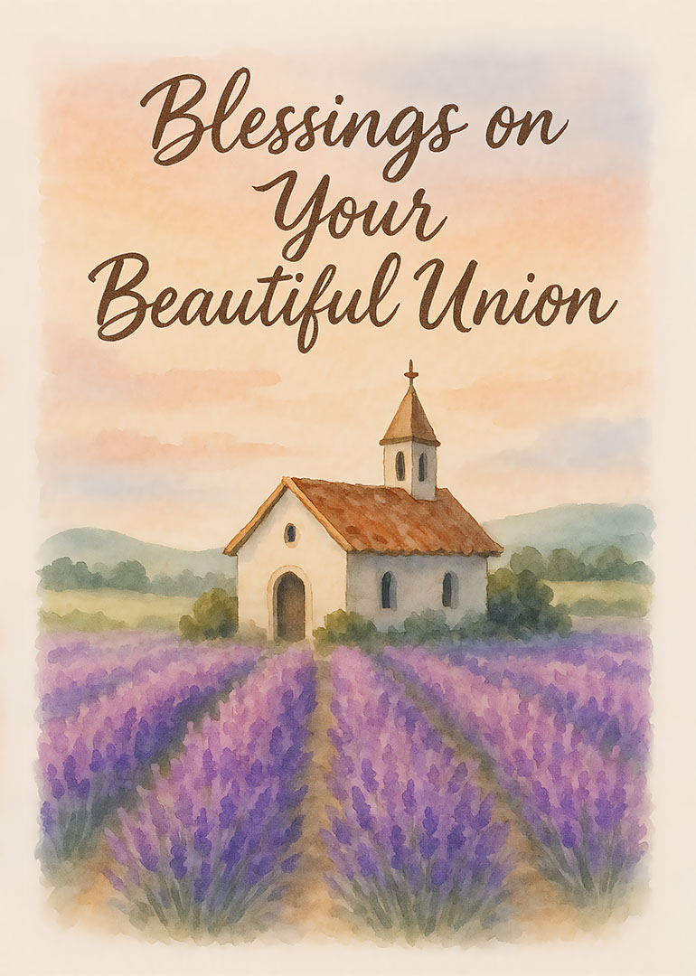 Watercolor church with lavender field and blessings on your beautiful union text
