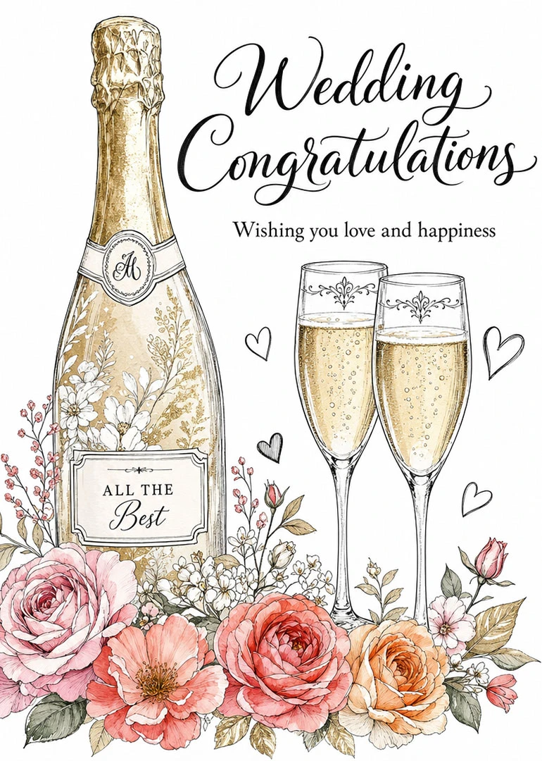 Champagne bottle, two flutes, and floral bouquet with Wedding Congratulations text and love and happiness.
