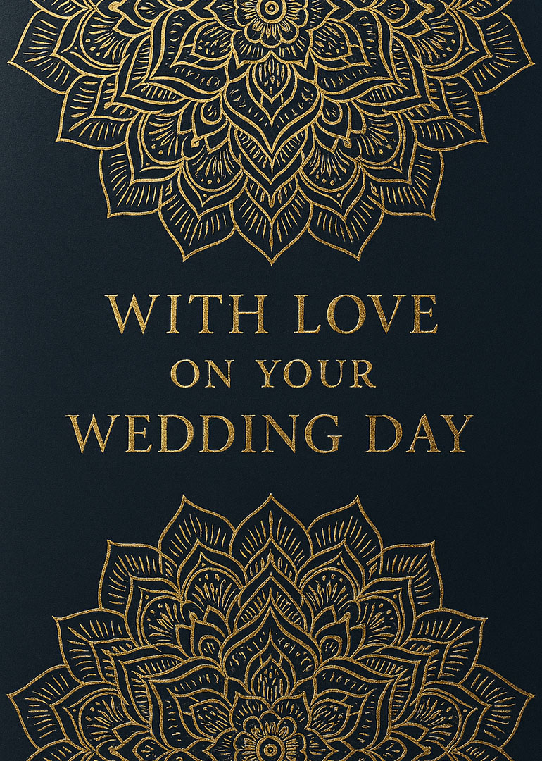 Wedding card with gold mandala patterns and loving wedding day message