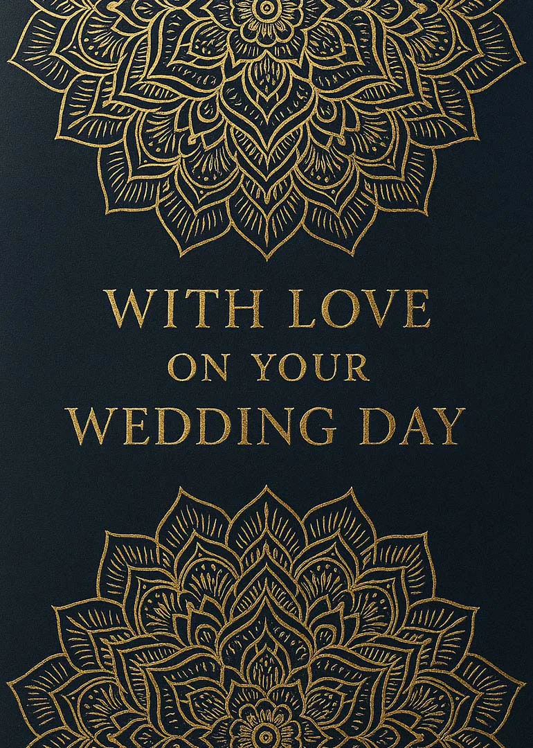 Dark wedding card with gold mandala artwork and message With Love on Your Wedding Day.