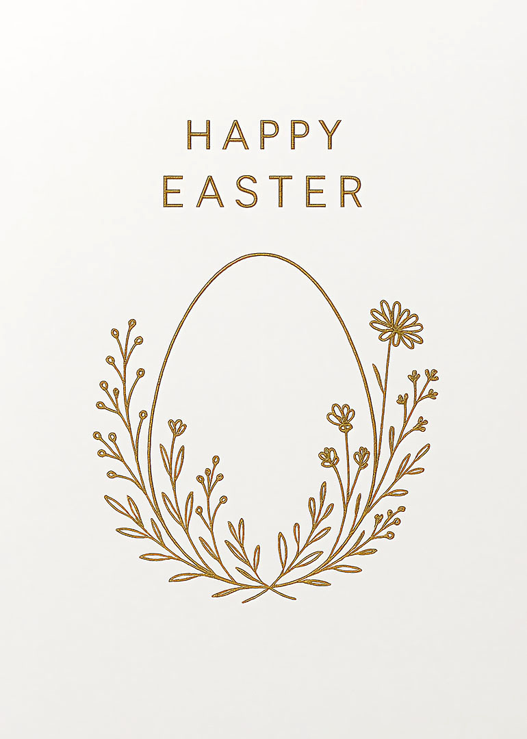 Minimalist Easter card with gold floral wreath and egg outline on white background