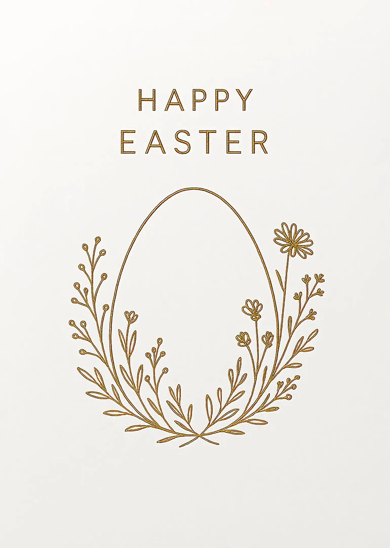 Gold floral egg wreath with Happy Easter text on a soft cream background card design.