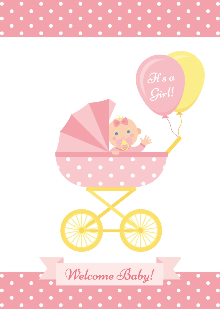 Pink pram with baby girl and balloons saying It's a Girl and Welcome Baby greeting.
