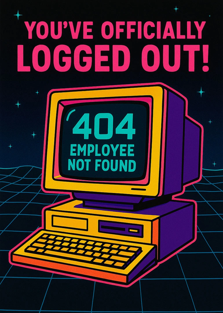 Neon retro computer card reading You've Officially Logged Out and 404 Employee Not Found message.
