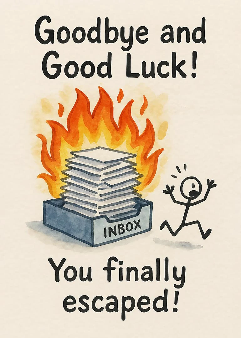 Humorous card with burning inbox, fleeing stick figure, and goodbye good luck message on background.