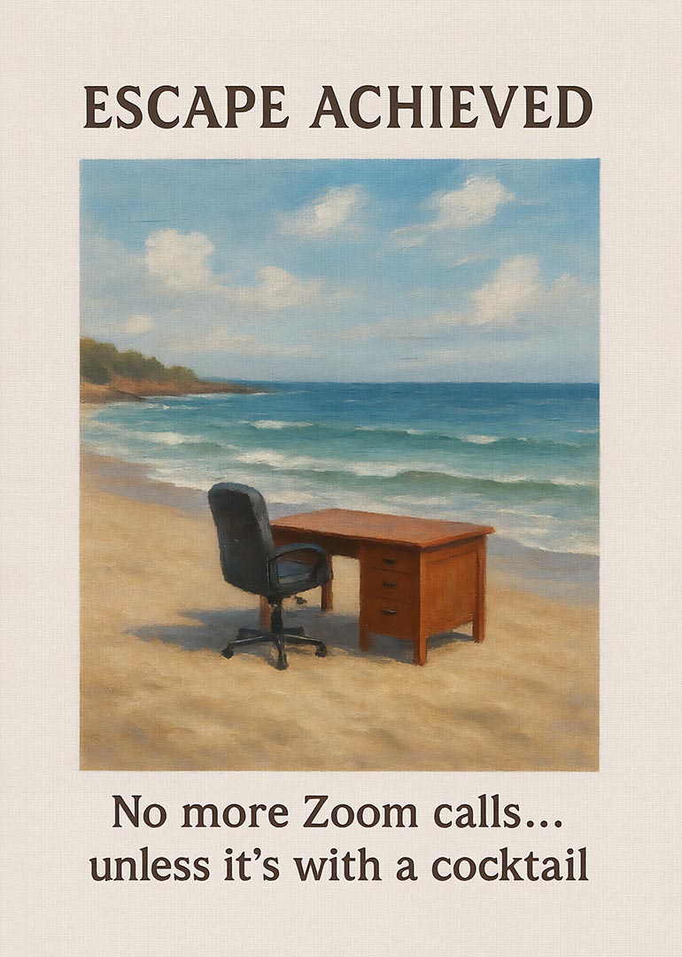 Office desk and chair on sandy beach with ocean waves and blue sky