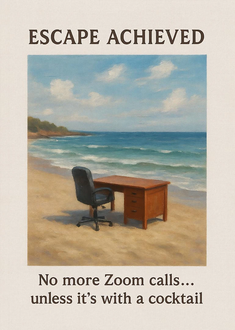 Oil painting of a beach office with desk and chair, plus text about Zoom calls.