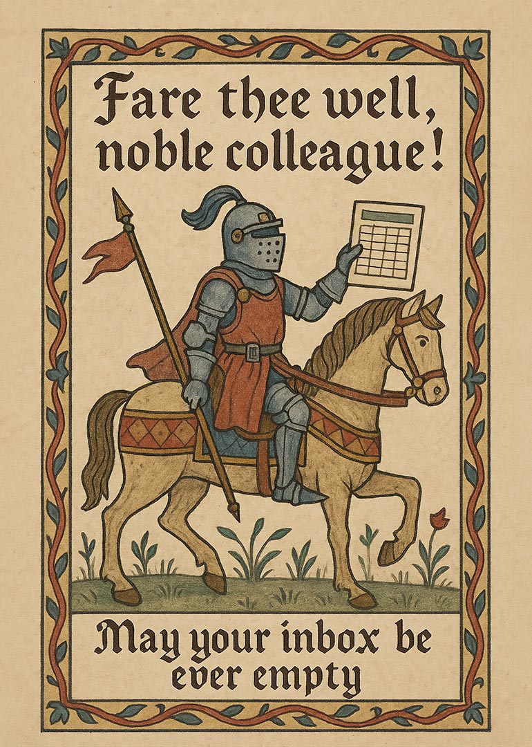 Medieval knight on horse holding paper with farewell message for colleague