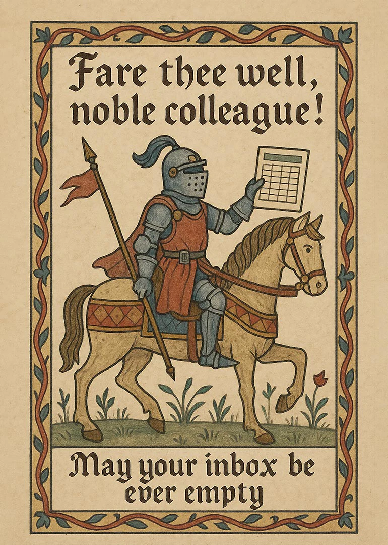 A medieval knight on horseback says farewell to a colleague with empty inbox wishes inside.