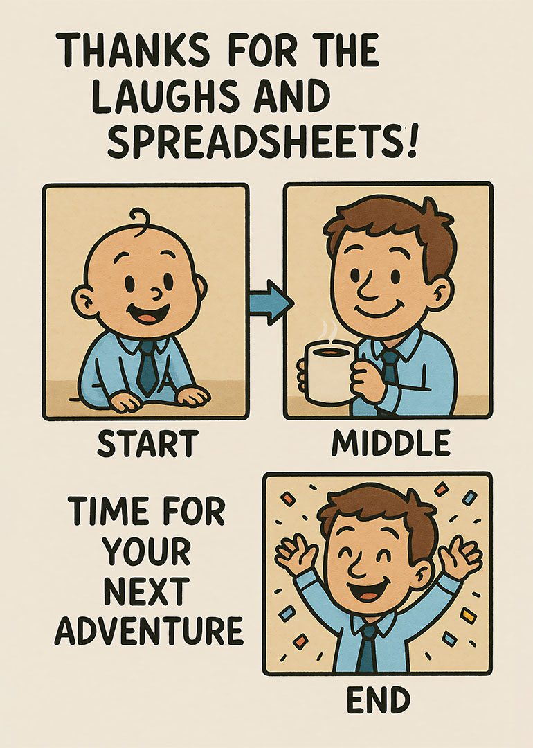 Cartoon style card showing work journey from start to celebration at end