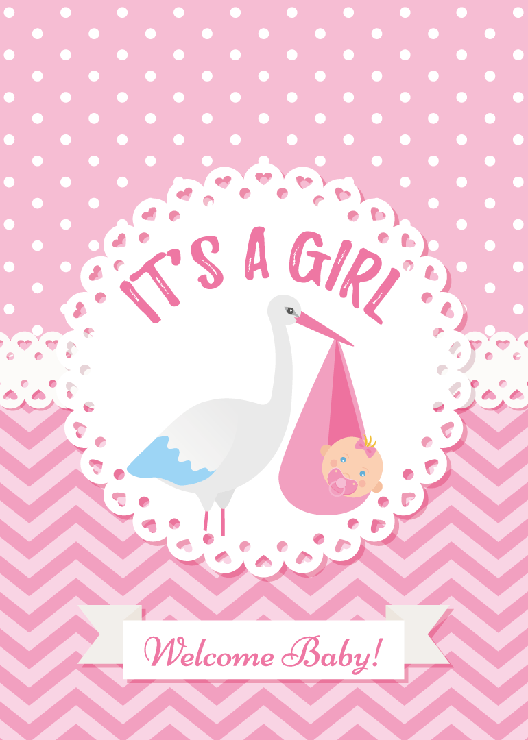 Pink baby girl card with stork holding baby and welcome message