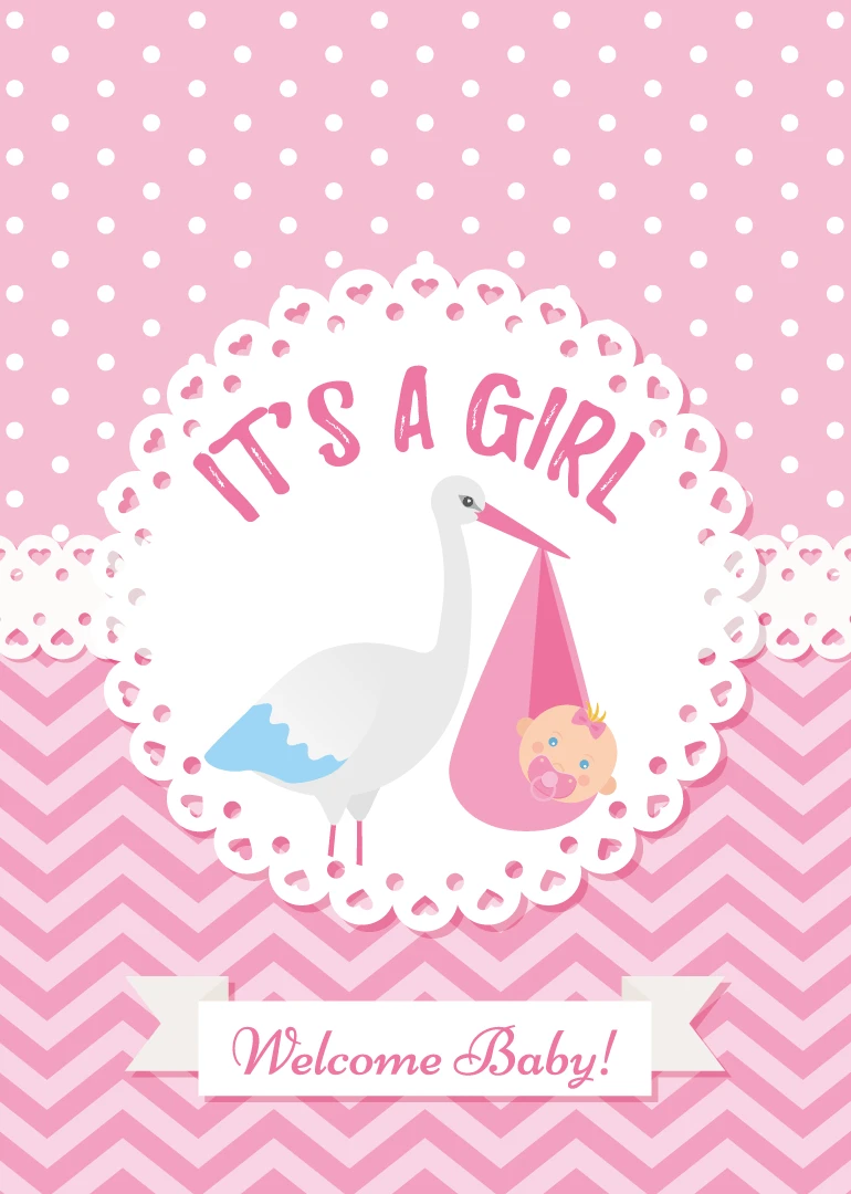 Pink stork carries a baby girl beside the words It's a Girl on polka dots.