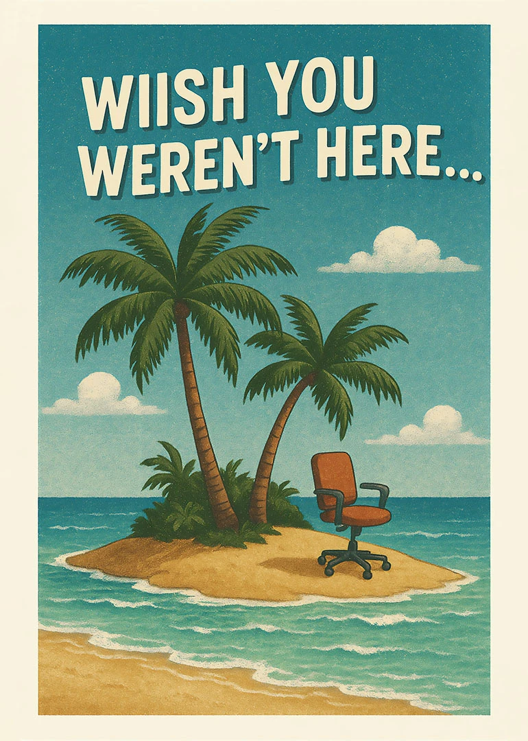 Retro island scene with palm trees, an office chair, and Wish you weren't here text.