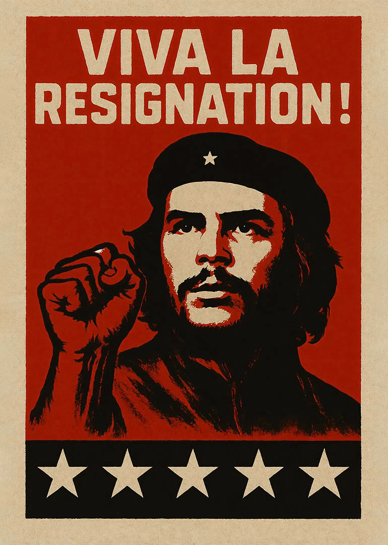 Che-inspired red poster with Viva la Resignation text and a raised fist in revolutionary style.
