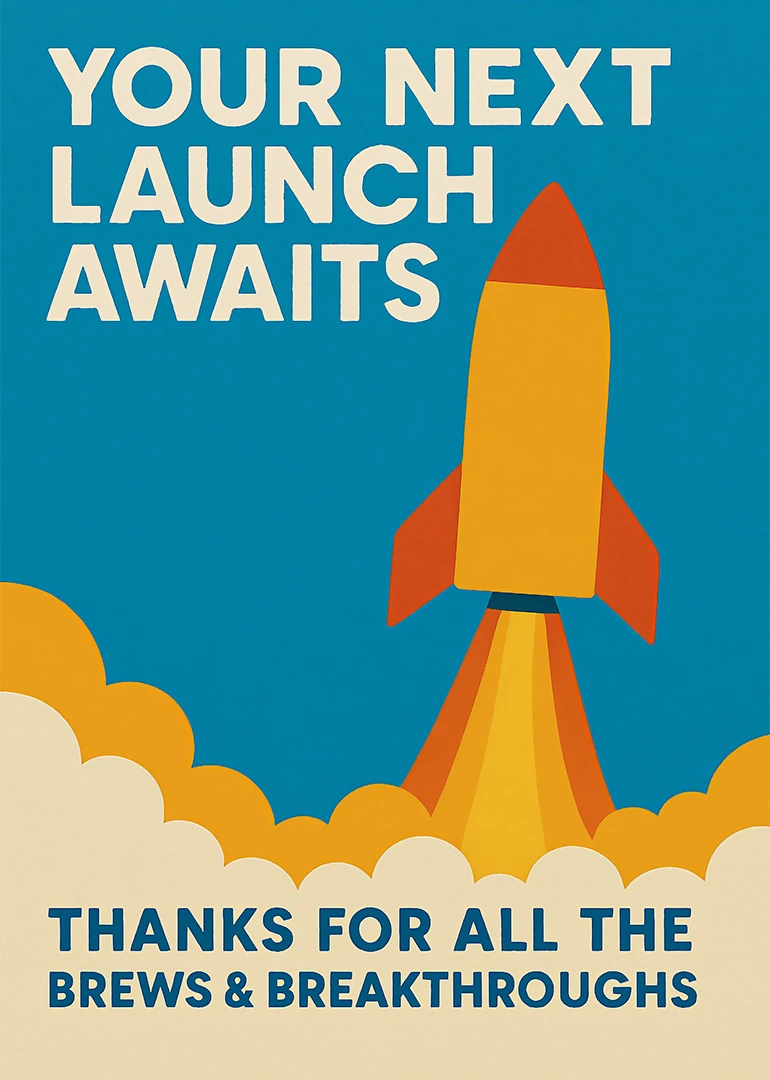 A bright rocket launches through clouds with playful thank-you text on a blue retro background.