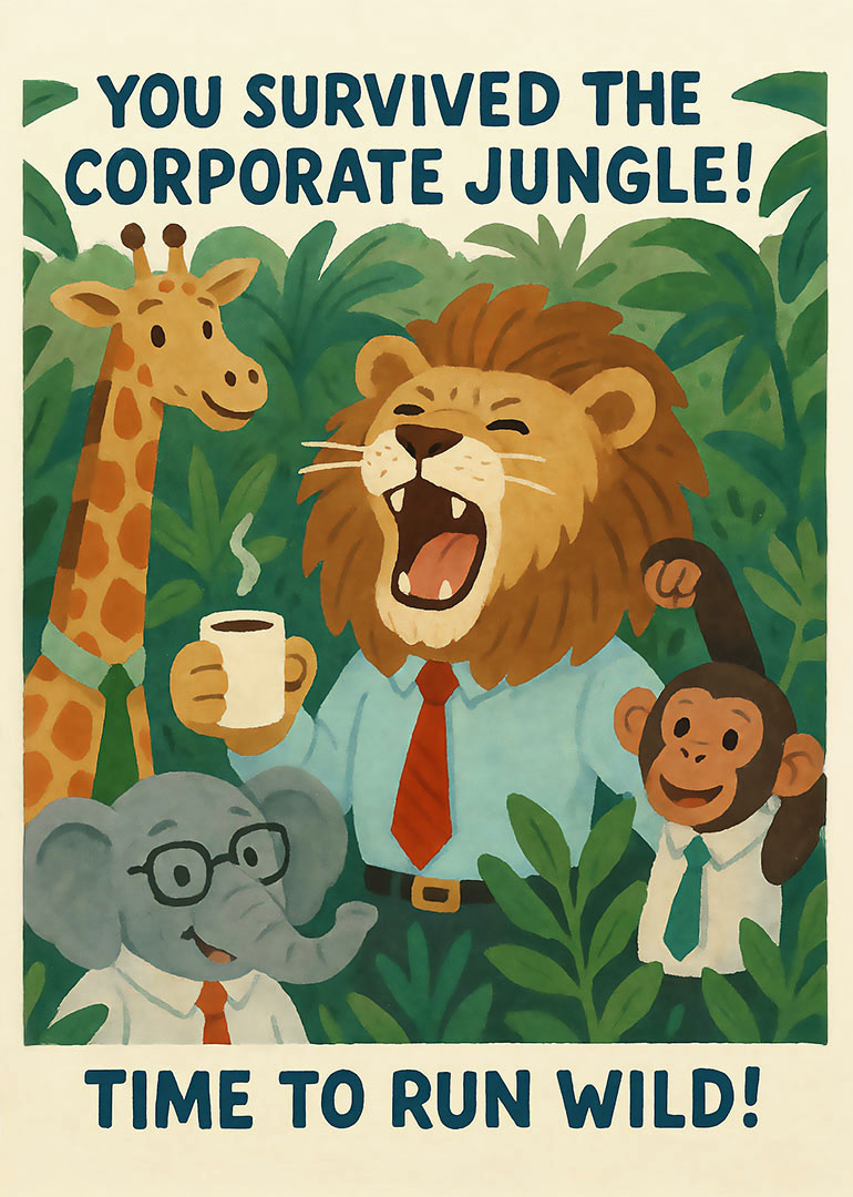 Cartoon animals in office attire celebrating surviving corporate jungle with coffee and smiles