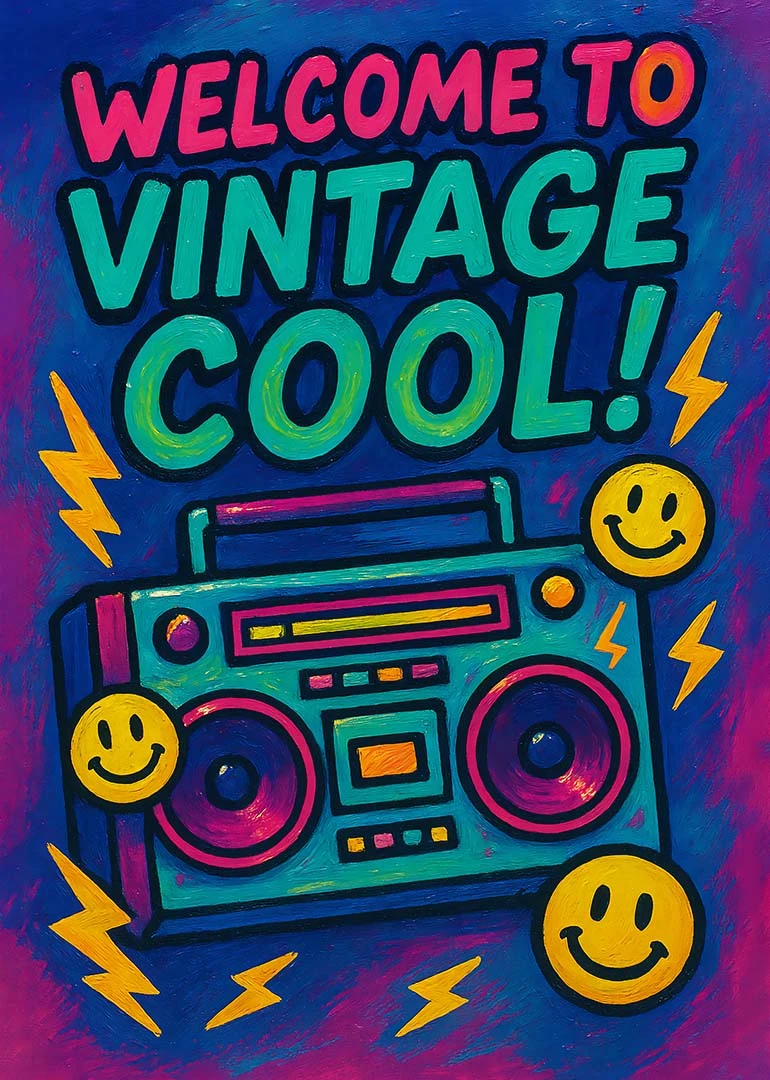 Neon boombox card with vintage cool text, smiley faces and lightning bolts on blue background.