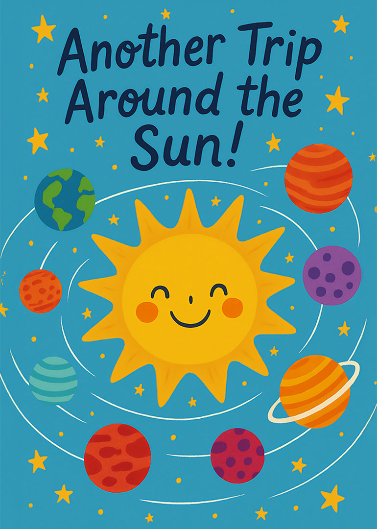 Smiling sun surrounded by colorful planets and stars on blue background