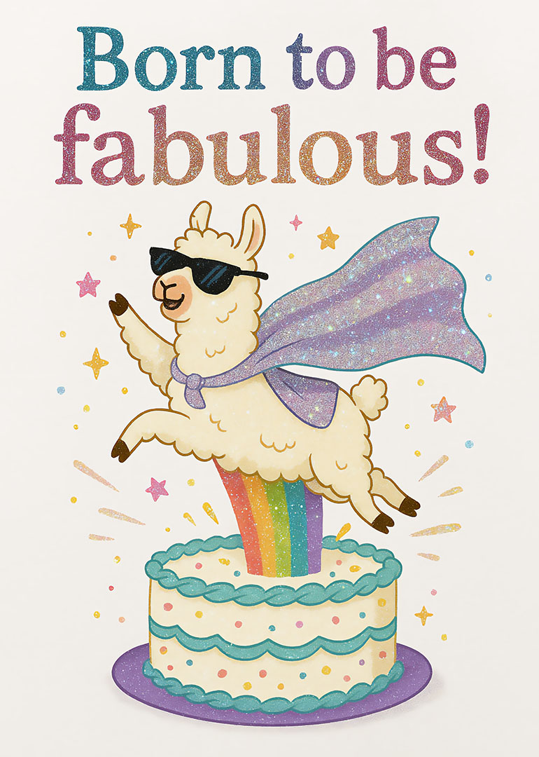Llama wearing sunglasses and cape jumping from a rainbow cake with colorful stars