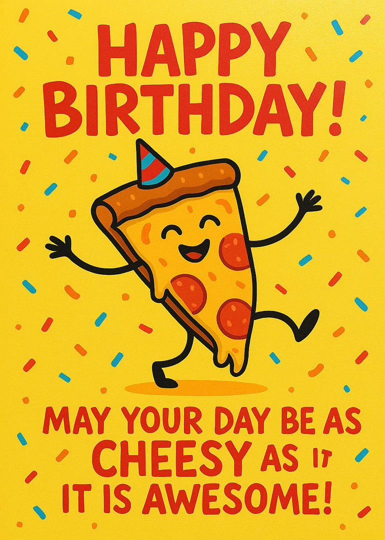 Happy Birthday card with smiling pizza slice, confetti, and cheesy pun in bright yellow colors.