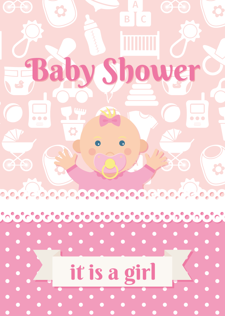 Pink baby shower card with baby girl illustration and text it is a girl