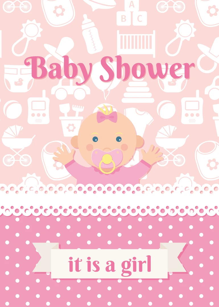 Pink baby shower card with cute baby, polka dots, and text it is a girl