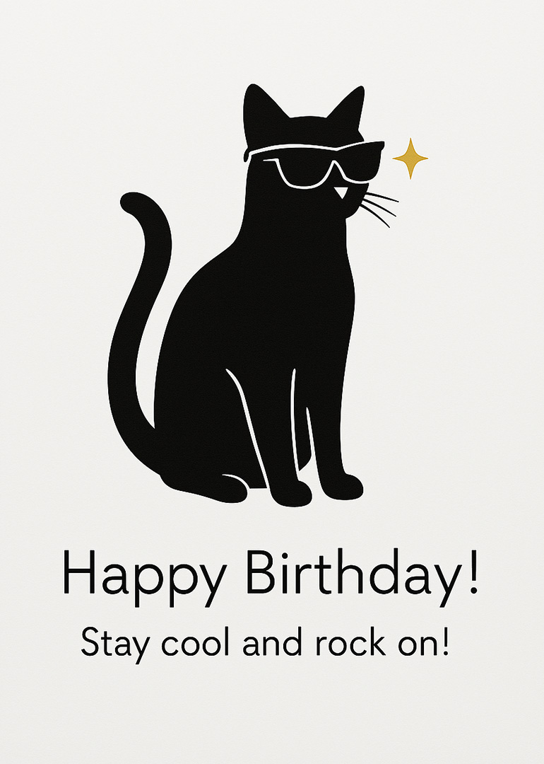 Black cat wearing sunglasses with birthday greeting and rock on message