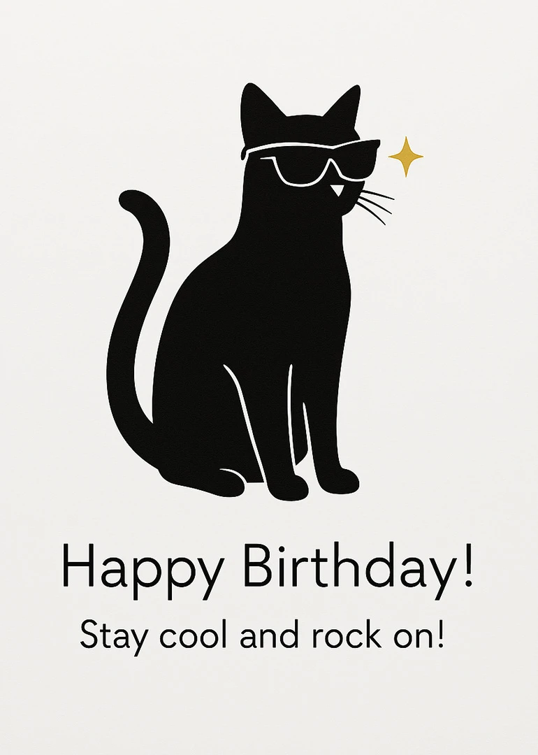 Black cat wearing sunglasses with Happy Birthday and Stay cool and rock on text below.