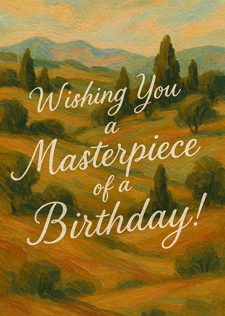 Painted landscape with trees and hills and birthday greeting text