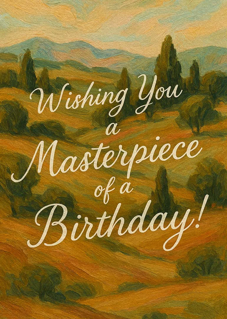 Painted landscape card with trees and hills reading Wishing You a Masterpiece of a Birthday.