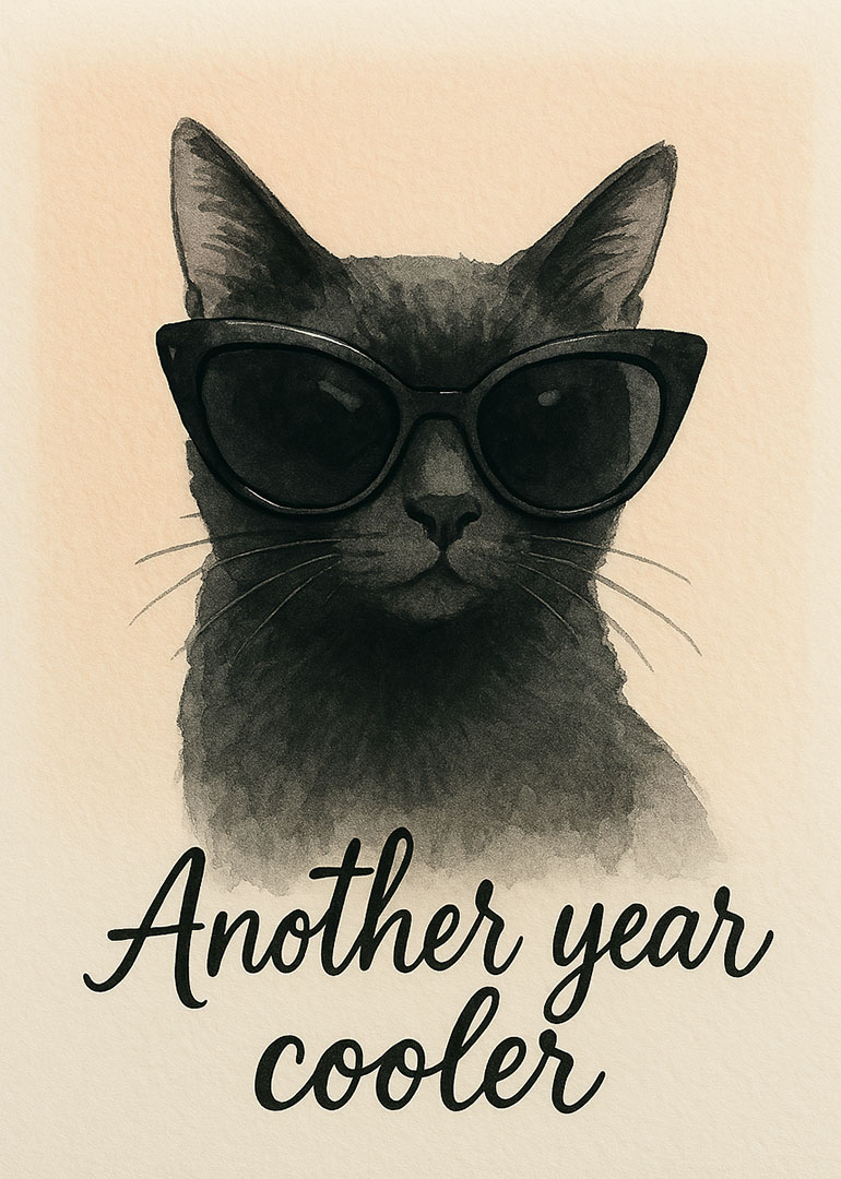 Black cat wearing sunglasses with text another year cooler