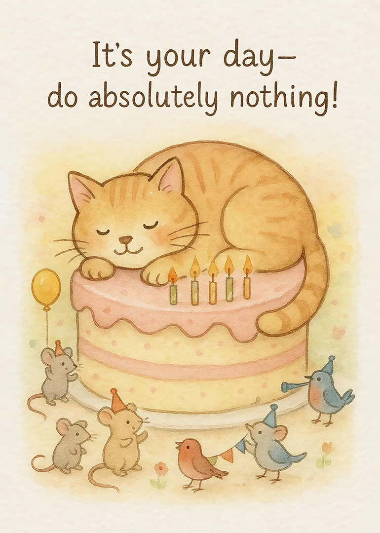 A sleepy cat naps on a birthday cake while mice and birds party happily below.