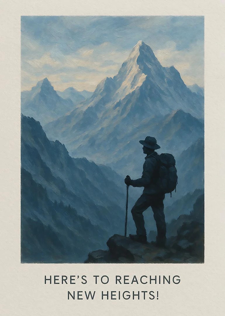 Painterly mountain landscape with a hiker silhouette and the words Here’s to reaching new heights.