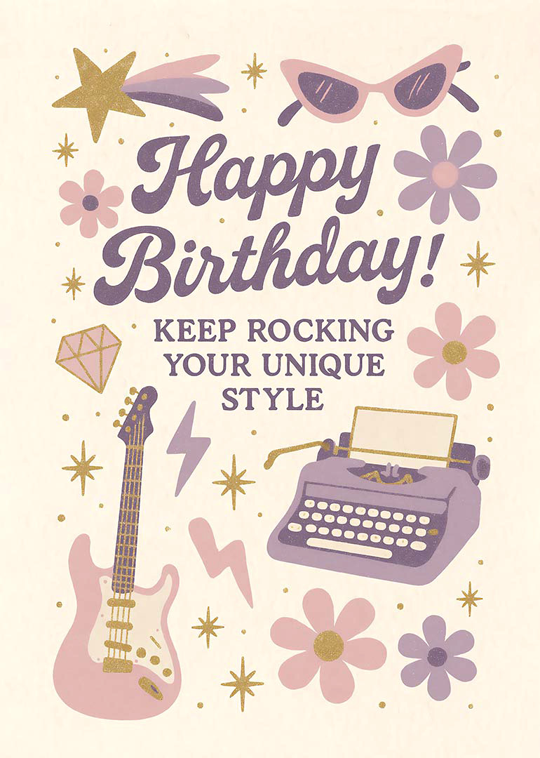 Birthday card with guitar, typewriter, flowers, stars, and sunglasses in pastel colors
