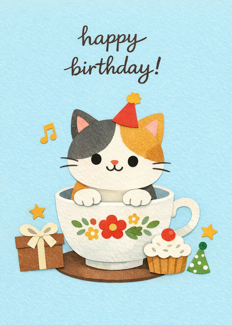 Cute calico cat wearing party hat sits in floral teacup beside gifts and cupcakes stars.