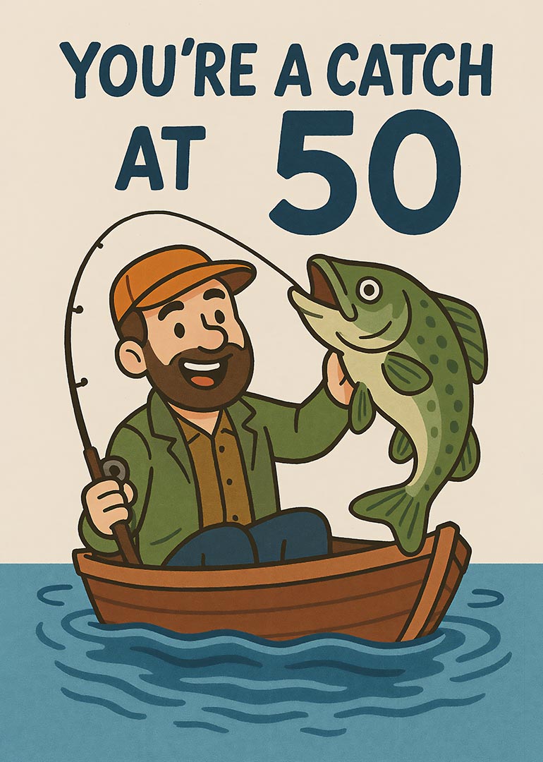 Cartoon fisherman in boat holding large fish with text you're a catch at 50
