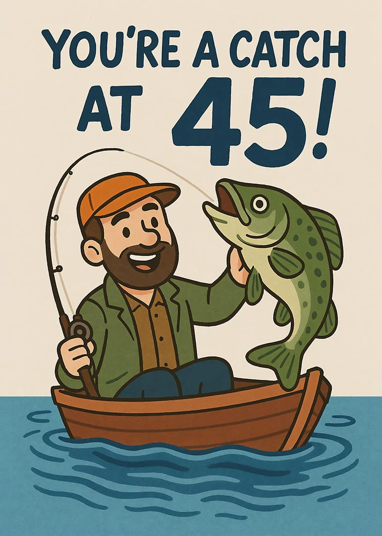 Bearded fisherman in a boat holds a fish beneath You're a catch at 45, smiling.