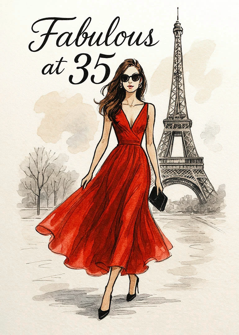 Fashionable woman in a red dress stands beside Eiffel Tower with Fabulous at 35 text.