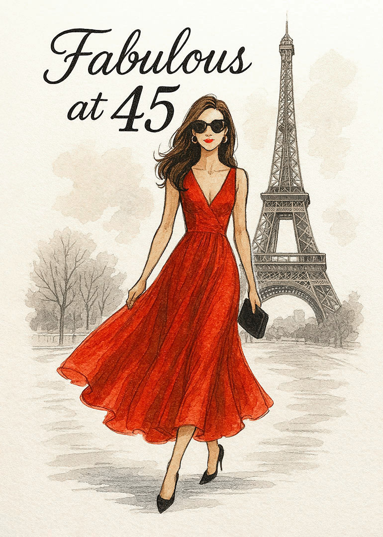 Woman in red dress walking near Eiffel Tower with fabulous at 45 text