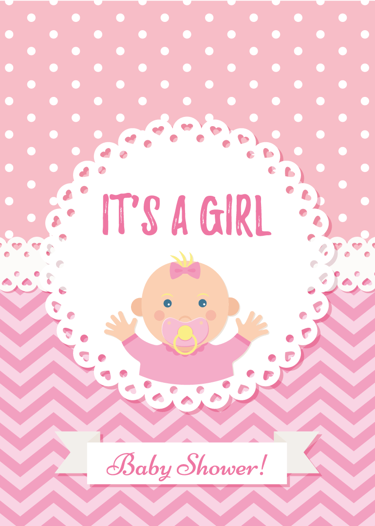 Pink baby shower card with baby girl illustration and text it's a girl