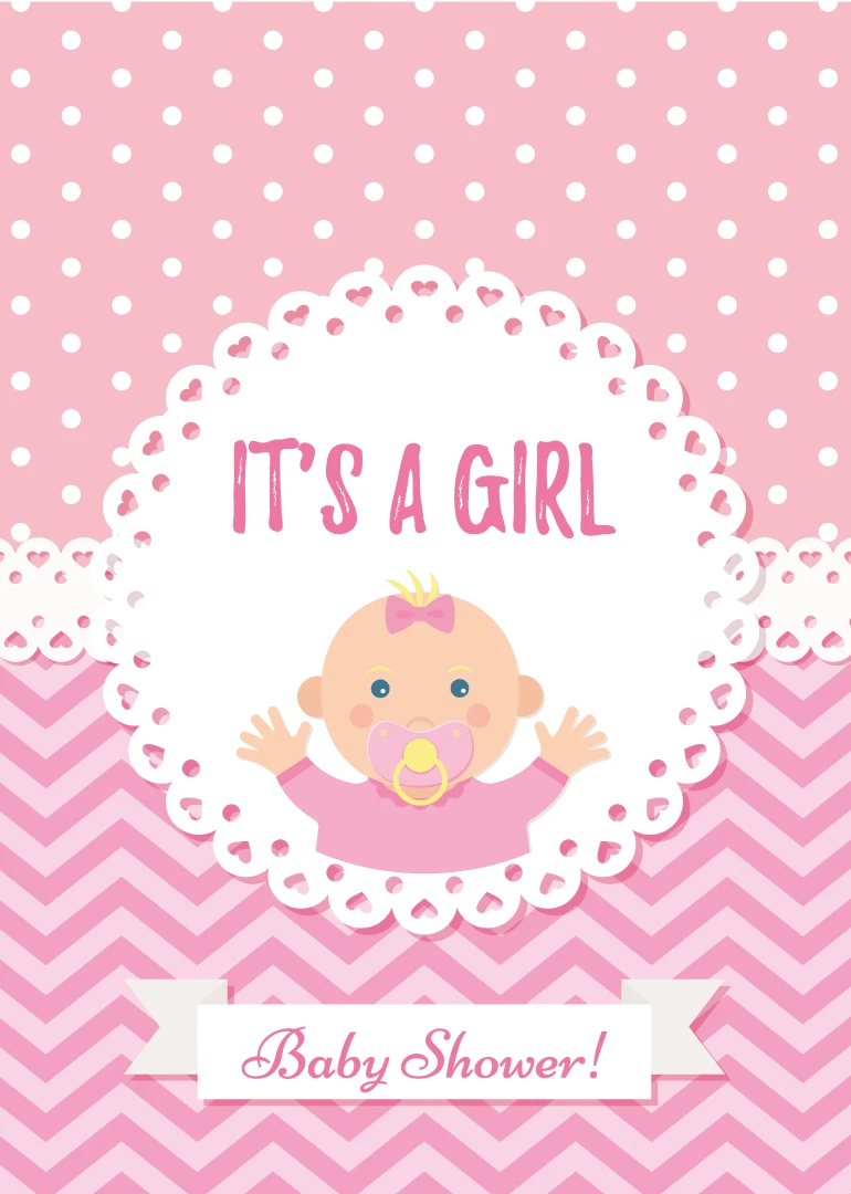 Pink baby shower card with a baby girl illustration, polka dots, scalloped frame, and banner.