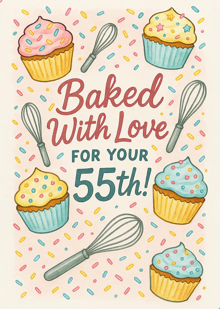 Birthday card with cupcakes, whisks, and colorful sprinkles for 55th birthday