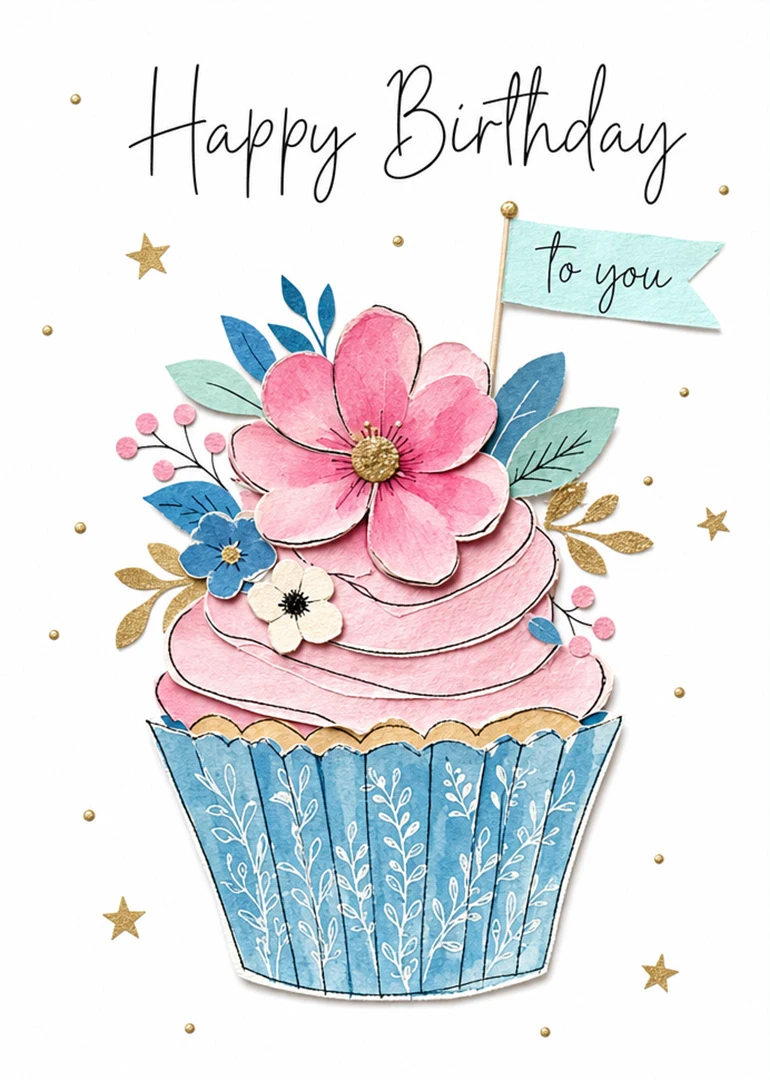 Pastel floral cupcake with Happy Birthday to you text, gold stars, and blue paper wrapper.