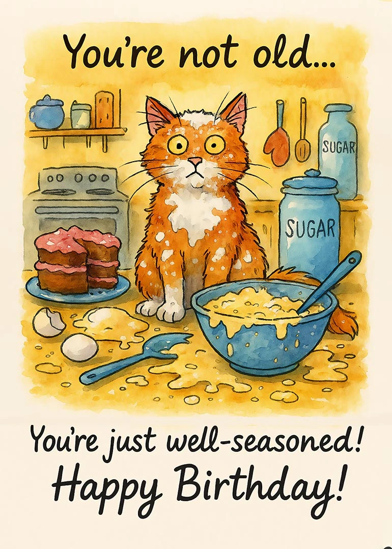 Watercolor cat in messy kitchen with baking items and birthday pun about being well-seasoned joke.