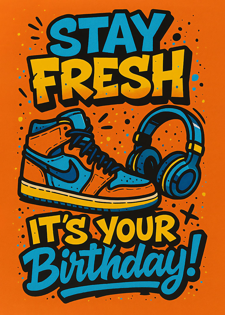 Bright orange birthday card with sneakers, headphones, and bold text stay fresh