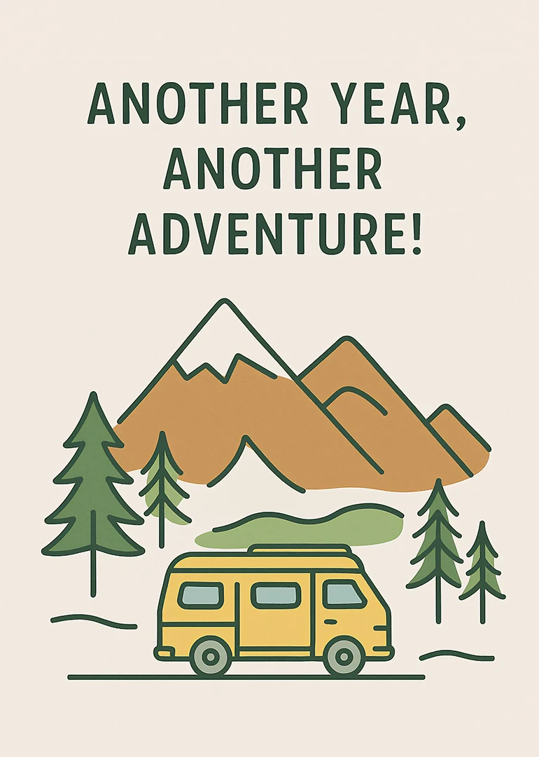 Minimal birthday card with mountains, pine trees, yellow van, and Another Year, Another Adventure text.