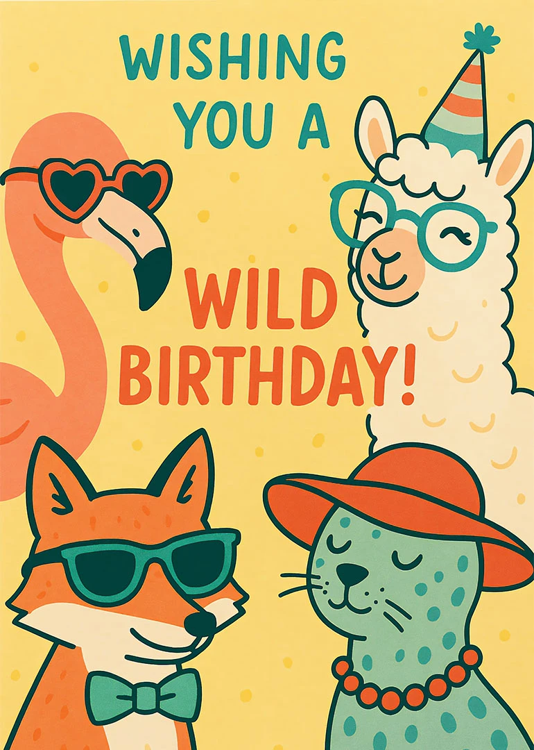 Cute colorful animal birthday card with flamingo, llama, fox, and cat wearing party accessories together.